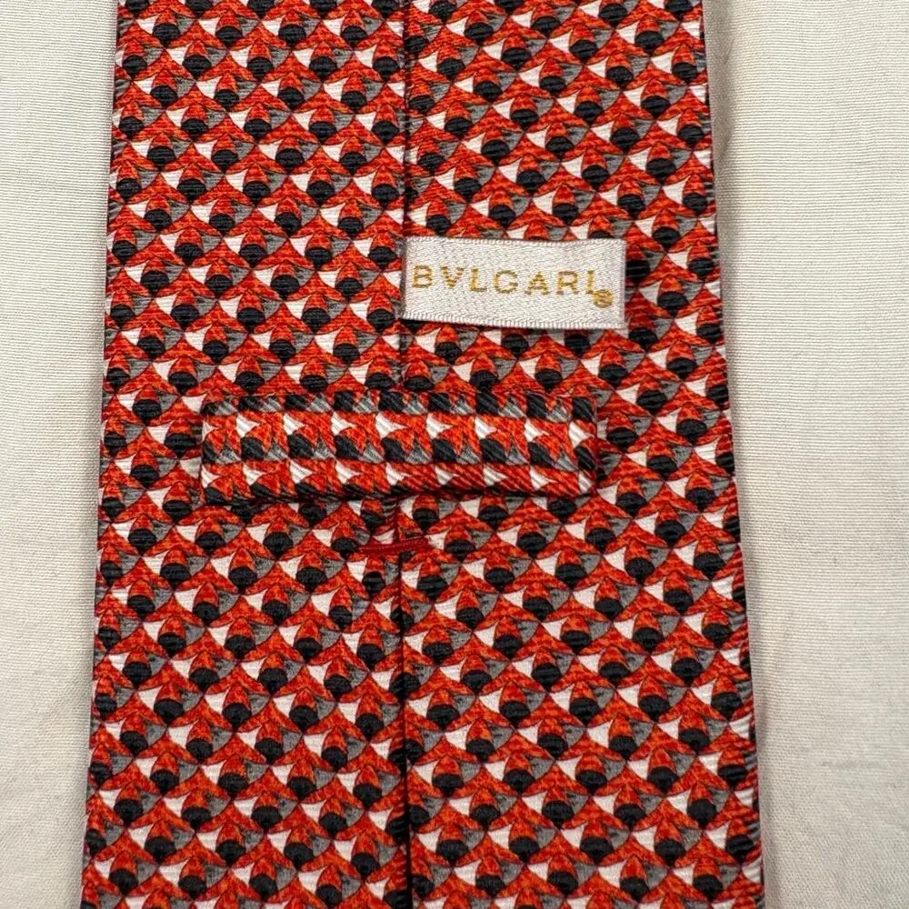 Bvlgari Geometric Print Seven Fold Tie Red 100% Silk Made in Italy